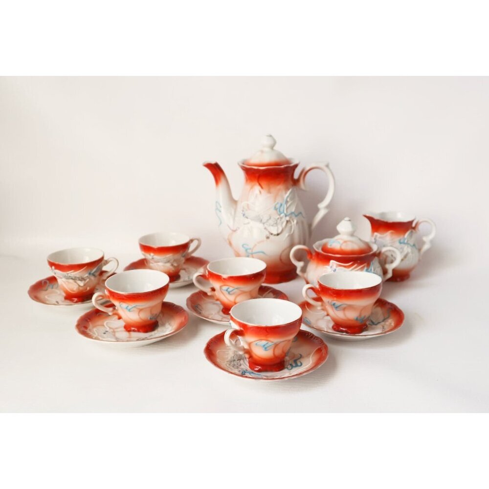 Vintage Moriage Dragon Ware Teapot Sugar Bowl Creamer 6 Demi Tasse Cups & Saucer